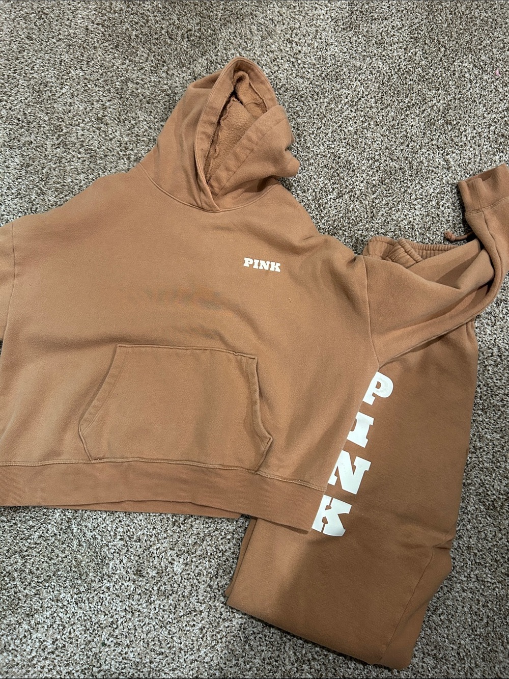 PINK Brown Cropped Hoodie & Sweatpants Set medium